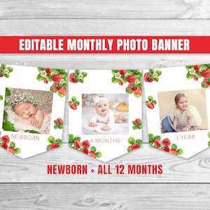 Editable Strawberry Birthday Monthly Photo Banner Berry Sweet 1st Birthday Monthly Banner Strawberry Birthday Banner 0172