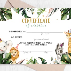 Adopt an Animal Adoption Certificate, Wild Animals Adoption Wild One Birthday, Printable Safari Adoption Certificate, Zoo Party Jungle 0130