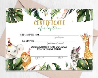 Adopt an Animal Adoption Certificate, Wild Animals Adoption Wild One Birthday, Printable Safari Adoption Certificate, Zoo Party Jungle 0130