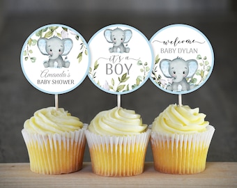 Blue Elephant Baby Shower Cupcake Toppers Elephant Shower Decoration Editable Boy Elephant Cupcake Toppers Elephant Baby Shower 0102