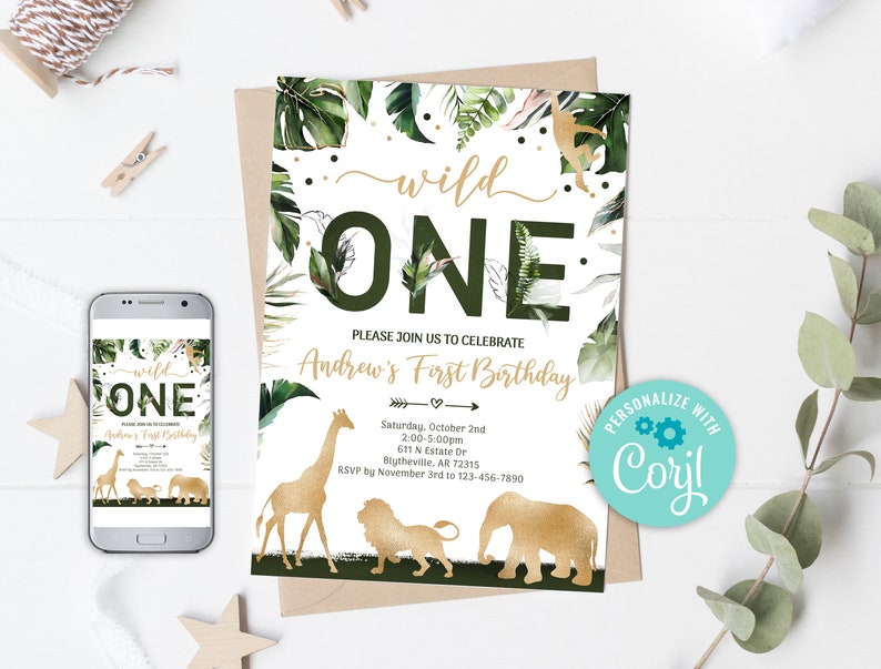 EDITABLE Safari Party Invitation, Wild One Birthday Invitation, Jungle WILD One Animal invitations, Gold Jungle Birthday Invitation, 0101 image 1