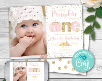 EDITABLE Pumpkin First Birthday Invitation. Little pumpkin Invitations. Fall 1st Birthday Invitation. Girl Autumn Birthday Invitation 0124