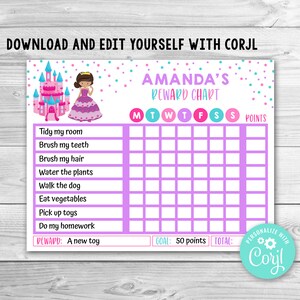 Editable Princess Reward Chart for Kids, Princess Routine Chart, Princess Kids Chore Chart, Printable Princess Chore Chart for Kids Chores