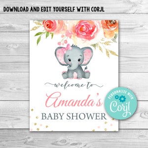 Signo de bienvenida editable de Elephant Baby Shower. Señal de bienvenida de elefante. Plantilla de signo de baby shower para niña. Cartel de bienvenida de elefante rosa y dorado 0167