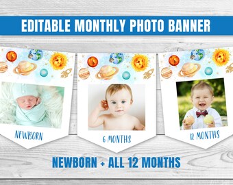 Editable Outer Space Birthday Banner Monthly Photo Banner Planets Outer Space Garland Boy Galaxy Party First Trip Around Sun 0142