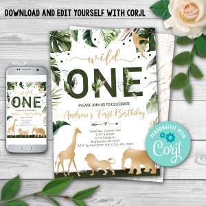 EDITABLE Safari Party Invitation, Wild One Birthday Invitation, Jungle WILD One Animal invitations, Gold Jungle Birthday Invitation, 0101 image 2