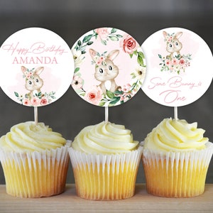 Girl Bunny Cupcake Toppers Pink Bunny Birthday Party Decoration Some Bunny Is Turning One Cupcake Toppers Floral Bunny Cupcake Topper 0146