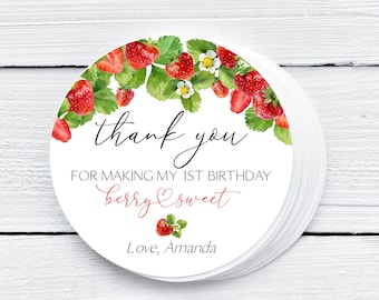 Strawberry Birthday Favor Tags, Berry Sweet Thank You (Editable Template)