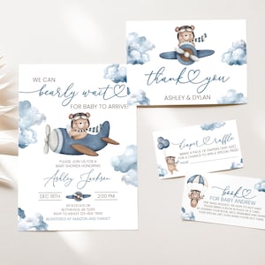 BEWERKBARE vliegtuig Beer baby shower pakket Beer op een vliegtuig we kunnen Bearly wachten uitnodiging Set Boy Bear baby shower uitnodiging Pack 0209