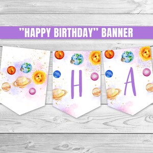 Space Birthday Banner Blue Gold Galaxy Birthday Banner Planets Outer Space Rocket Ship Garland Girl Galaxy Party Printable 0142