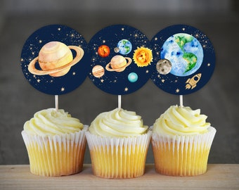 Outer Space Birthday Cupcake Toppers Galaxy Birthday Party Decoration Boy Solar System Cupcake Toppers Planets Decoration 0142