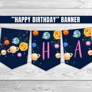 Space Birthday Banner Blue Gold Galaxy Birthday Banner Planets Outer Space Rocket Ship Garland Girl Galaxy Party Printable 0142