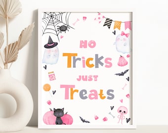 Cute Pink Halloween Ghost Party Sign Ghost No Tricks Just Treats Sign ...