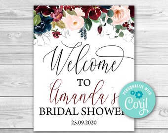 Editable Burgundy Floral Bridal Shower Welcome sign. Marsala Bridal Shower Template. Bridal Welcome Sign Template. Fall Autumn Sign.