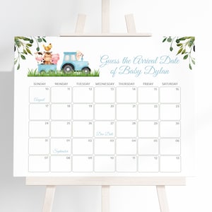 Editable Farm Guess Baby Due Date Calendar Blue Tractor Guess Baby&#39;s Birthday Template Farm Animals Due Date Game Baby Prediction 0226