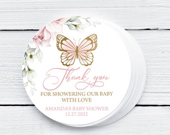 BEWERKBARE vlinder baby shower gunst tag vlinder dank u tags bloemen roze & gouden vlinder aangepaste tags vlinder douche gunsten 0162