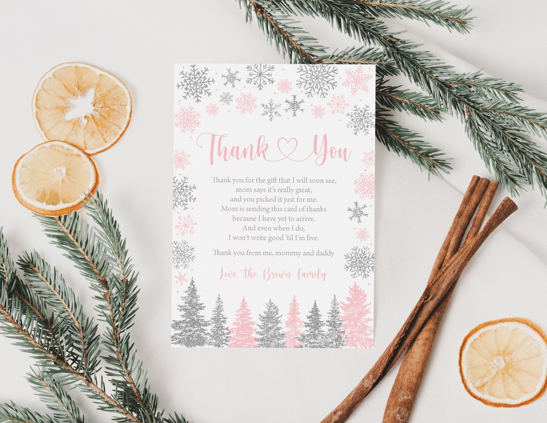 Editable Snowflake Thank You Card Winter Baby Shower Thank You Pink ...
