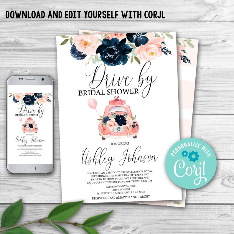 Drive by Bridal Shower Invitation Navy Blush Floral Drive Etsy