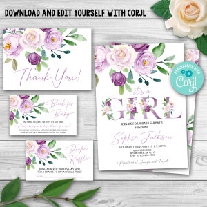 EDITABLE Purple Floral Baby Shower Set, Lilas Baby Shower Invitation Girl Package, Lavande Floral Baby Shower Pack, Lilac Baby Shower 0128