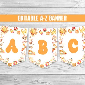 Banner editable de fiesta de cumpleaños de piscina Tropical Splish Splash Pool Party Cumpleaños A-Z Banner Verano Piscina Splash Pad Party 0229