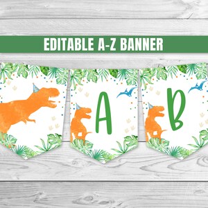 Editable T-Rex Banner Boy Dinosaur Birthday A-Z Banner Prehistoric Party Blue Orange Dinosaur Decoration Dino Party T-Rex Garland 0109