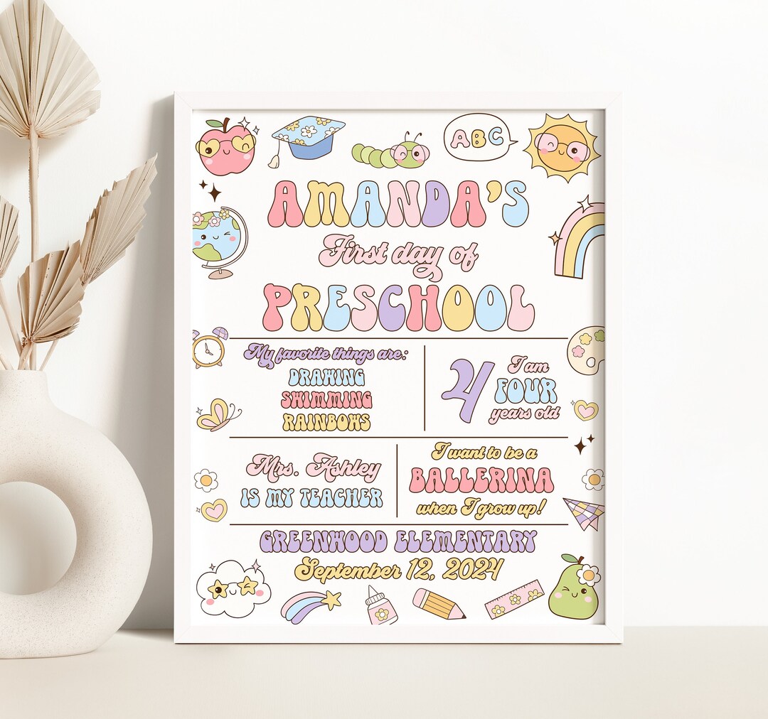 Editable First Day of Preschool Sign Groovy First Day of School Sign ...