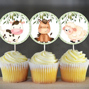 Farm Baby Shower Cupcake Toppers Farm Birthday Party Decoration Gender Neutral Farm Cupcake Toppers Green Farm Tractor Decoration 0225