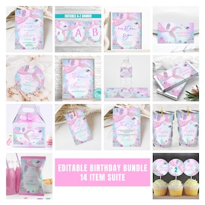 EDITABLE Mermaid Birthday Invitation And Bundle Mermaid Under the Sea Party Package Decorations Pink Mermaid Tail Party Package 0198