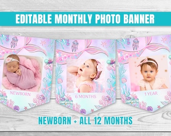 Banner di compleanno modificabile della sirena Banner fotografico mensile Ghirlanda di sirena Banner da cortile con foto di sirena rosa Banner festa sotto il mare 0198