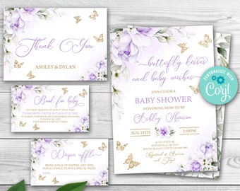 Editable Purple Gold Butterfly Baby Shower Invitation Lavender Butterfly Kisses and Baby Wishes Baby Shower Sprinkle Invitation Pack 0164