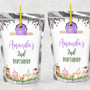 EDITABLE Farm Animals Juice Labels Farm Juice Pouch Labels Purple Farm Juice Label Purple Barnyard Party Girl Farm Juice Labels 0106
