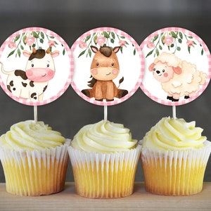 Farm Baby Shower Cupcake Toppers Farm Birthday Party Decoration Girl Farm Animals Cupcake Toppers Pink Farm Animals Barnyard Decoration 0106