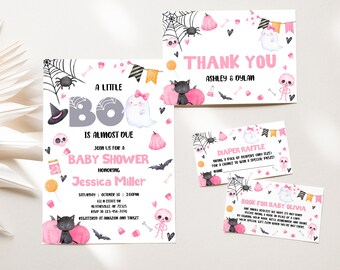 May include: A set of baby shower invitations and thank you cards with a Halloween theme. The design features ghosts, black cats, pink pumpkins, and spiderwebs. The invitation reads "A Little Boo is Almost Due" and includes event details.