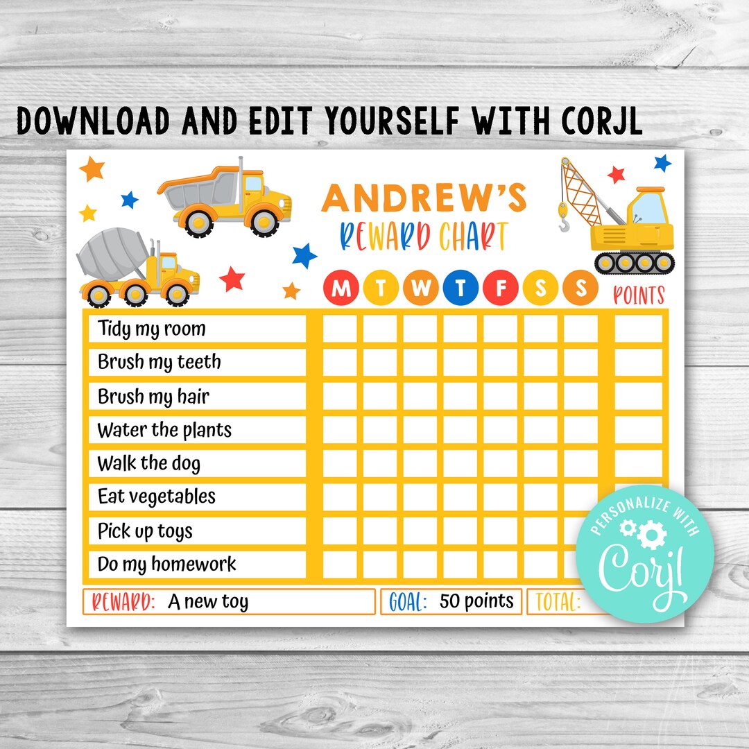 Editable Construction Reward Chart for Kids, Dump Truck Routine Chart ...