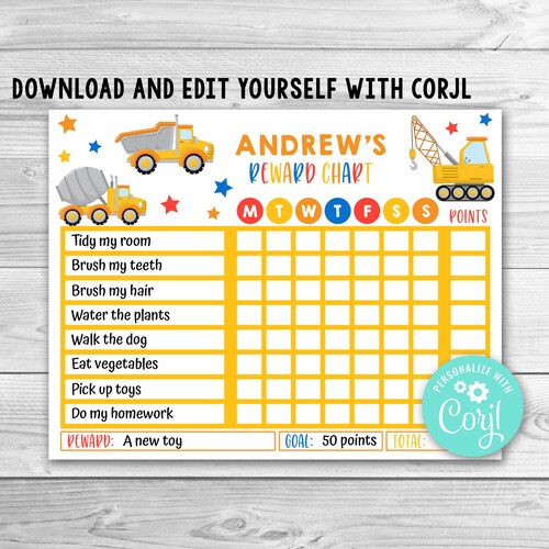 Bewerkbare beloningskaart met bouwvoertuigen voor kinderen (digitale download)