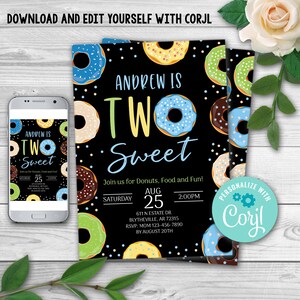 Editable Two Sweet Donut Birthday Invitation, Second Birthday Party Blue Boy Doughnut, Donut 2nd Birthday Party Invitation 0105