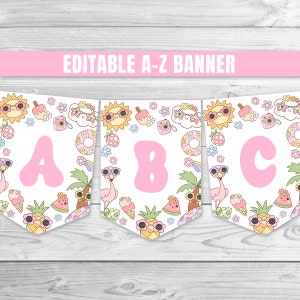 Banner editable para fiesta de cumpleaños en la piscina Tropical Splish Splash Groovy Pool Party Birthday A-Z Banner Summer Swimming Pool Splash Pad Party 0233