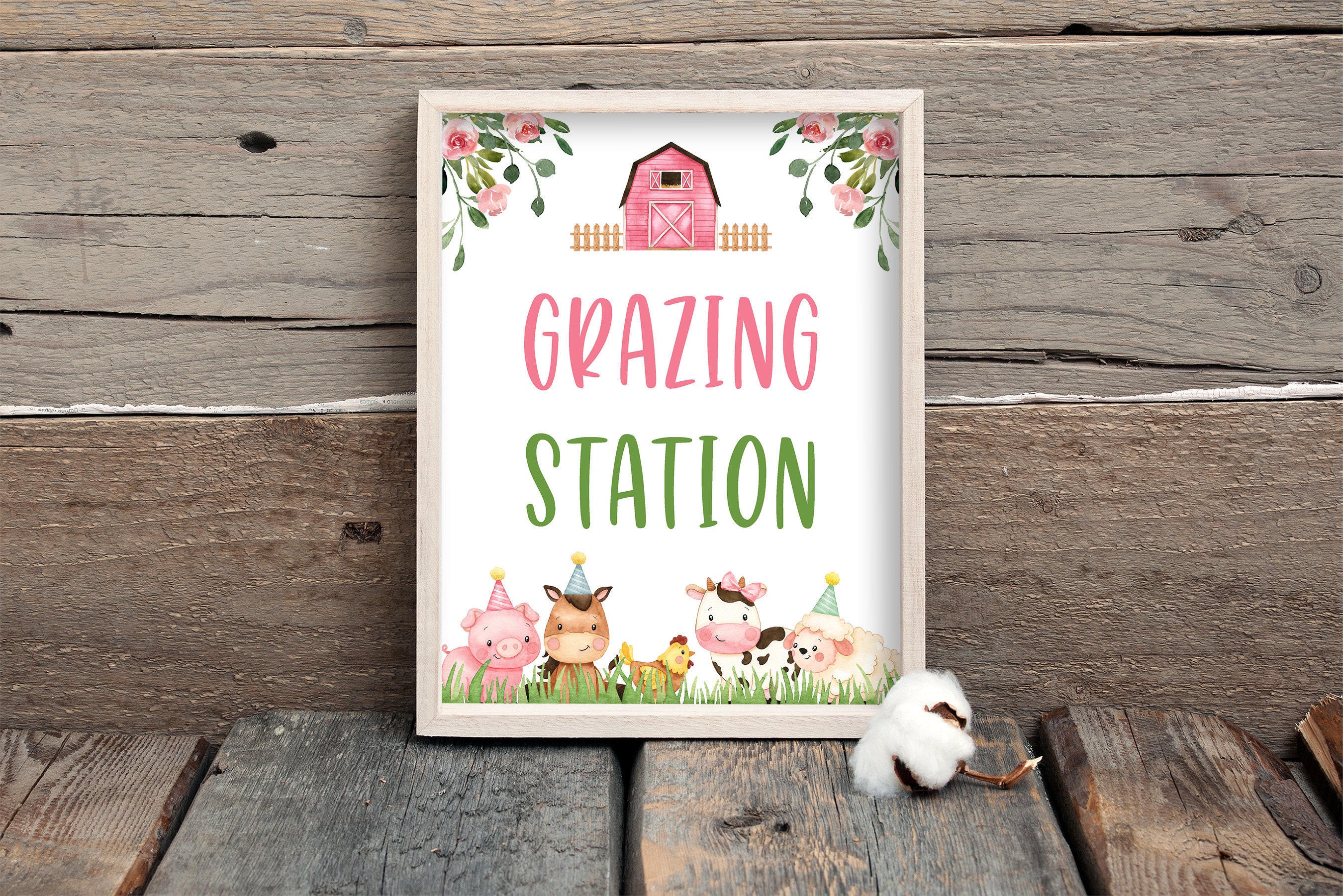 Farm Grazing Station Food Party Sign, Girl Farm Animals Grazing Station Sign Printable, Pink Farm Table Decor, Girl Barnyard Birthday 0106