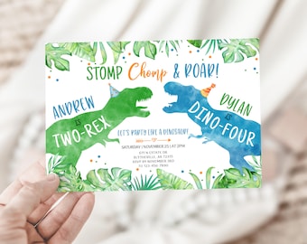 Editable Dinosaur Twins Birthday Invitation, Dino Party (Digital Download)