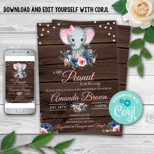 Editable Elephant Baby Shower Invitation.baby Elephant Girl Etsy