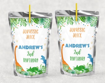 Étiquettes modifiables pour sachets de jus de dinosaure, Fête préhistorique (Téléchargement numérique)