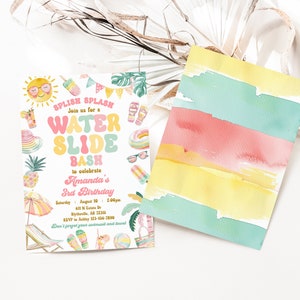 May include: A colorful invitation for a water slide bash to celebrate a child's 3rd birthday. The invitation features a sun, popsicles, flip flops, a pineapple, an umbrella, a beach chair, and a pool float. The text on the invitation reads "Splish Splash Join us for a Water Slide Bash to celebrate Amanda's 3rd Birthday Saturday August 19 2:00pm 611 N Estate Dr Blytheville AR 72315 RSVP Alley 123-456-7890 Don't forget your swimsuit and towel"