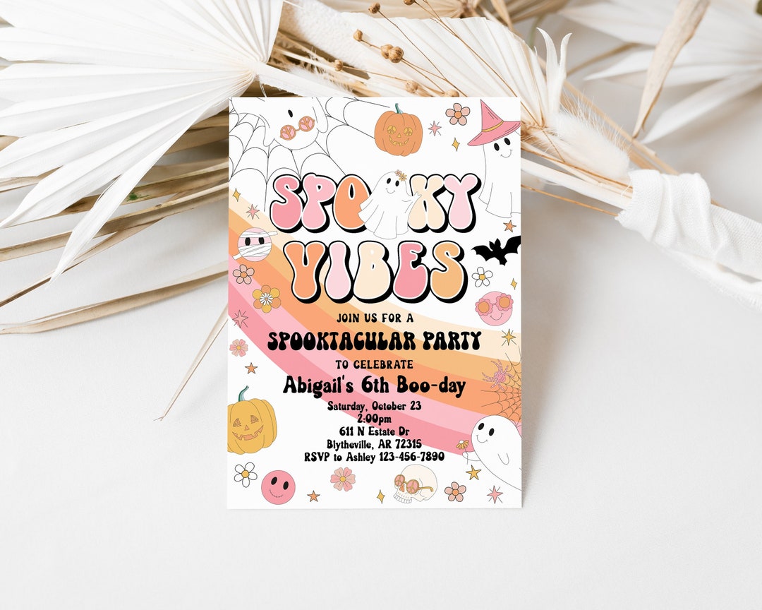Editable Halloween Spooky Vibes Ghost Invitation Pink Retro Groovy ...