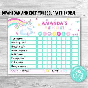 Editable Unicorn Chore Chart, Kids Reward Chart (Digital Download)