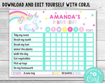 Editable Unicorn Reward Chart for Kids, Girl Unicorn Routine Chart, Unicorn Kids Chore Chart, Printable Unicorn Chore Chart for Kids Chores