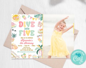 Dive Into Five Birthday Invitation, Pool Party (Editable Template)