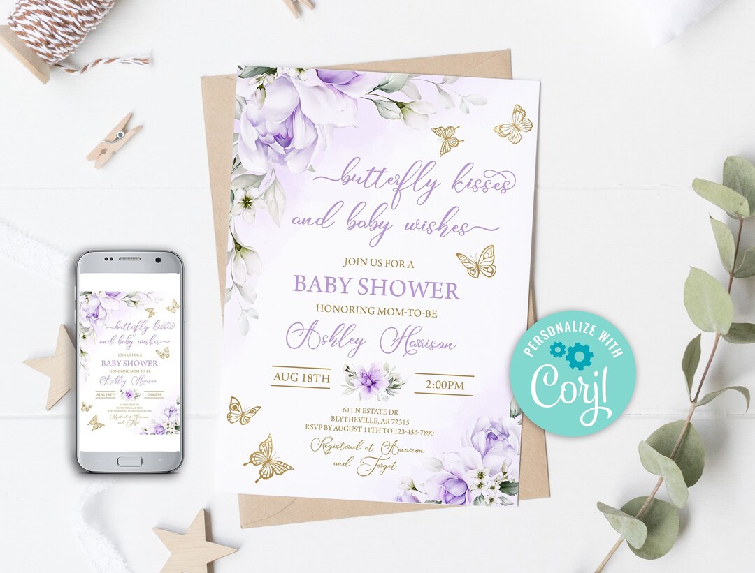 Editable Purple Gold Butterfly Baby Shower Invitation Butterfly Kisses