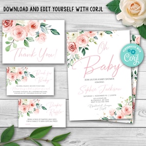 EDITABLE Pink Floral Baby Shower Set, Blush Pink Baby Shower Invitation Girl Package, Blush Floral Baby Shower Pack, Girl Baby Shower 0127