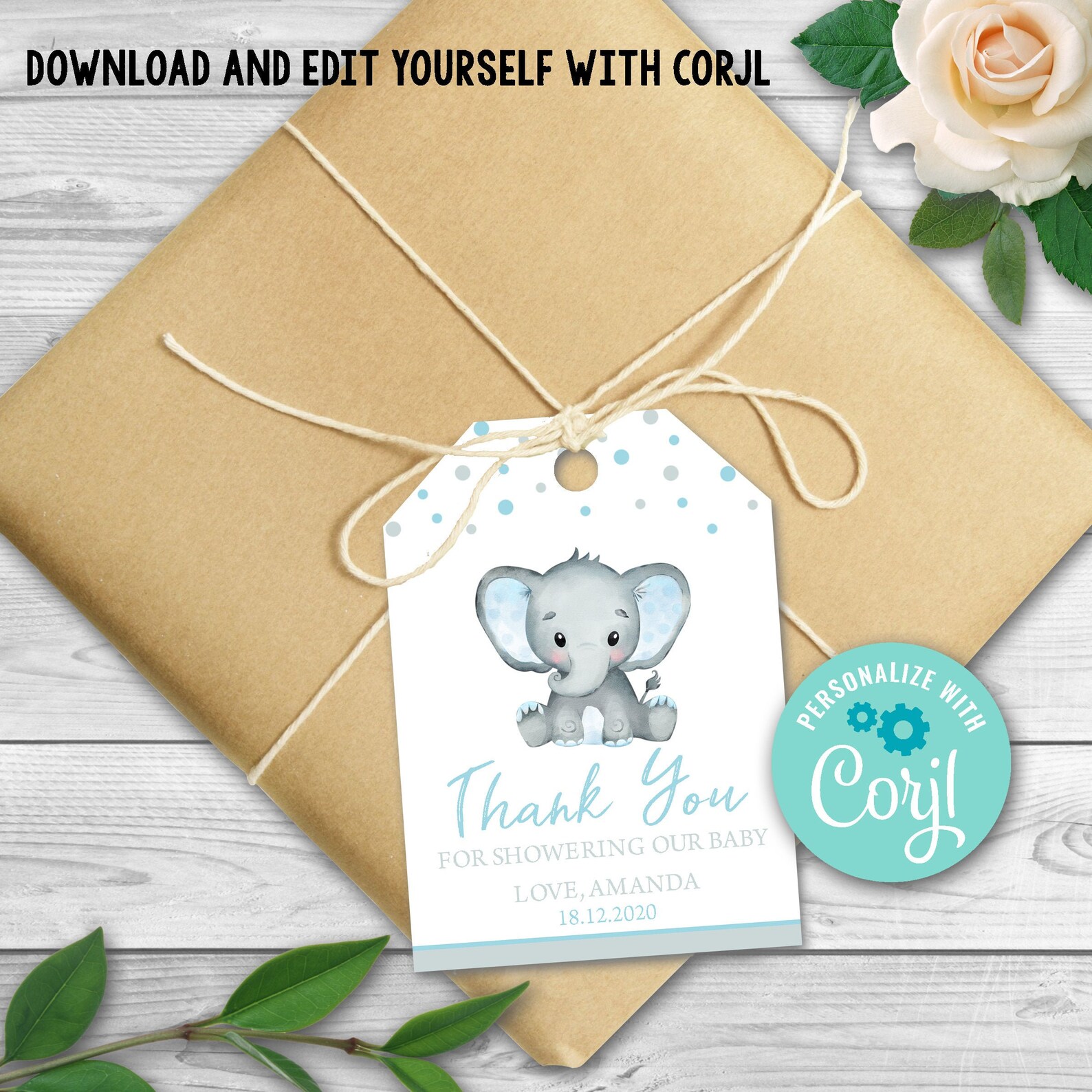EDITABLE Elephant Baby Shower Favor Tag Printable Blue Boy - Etsy