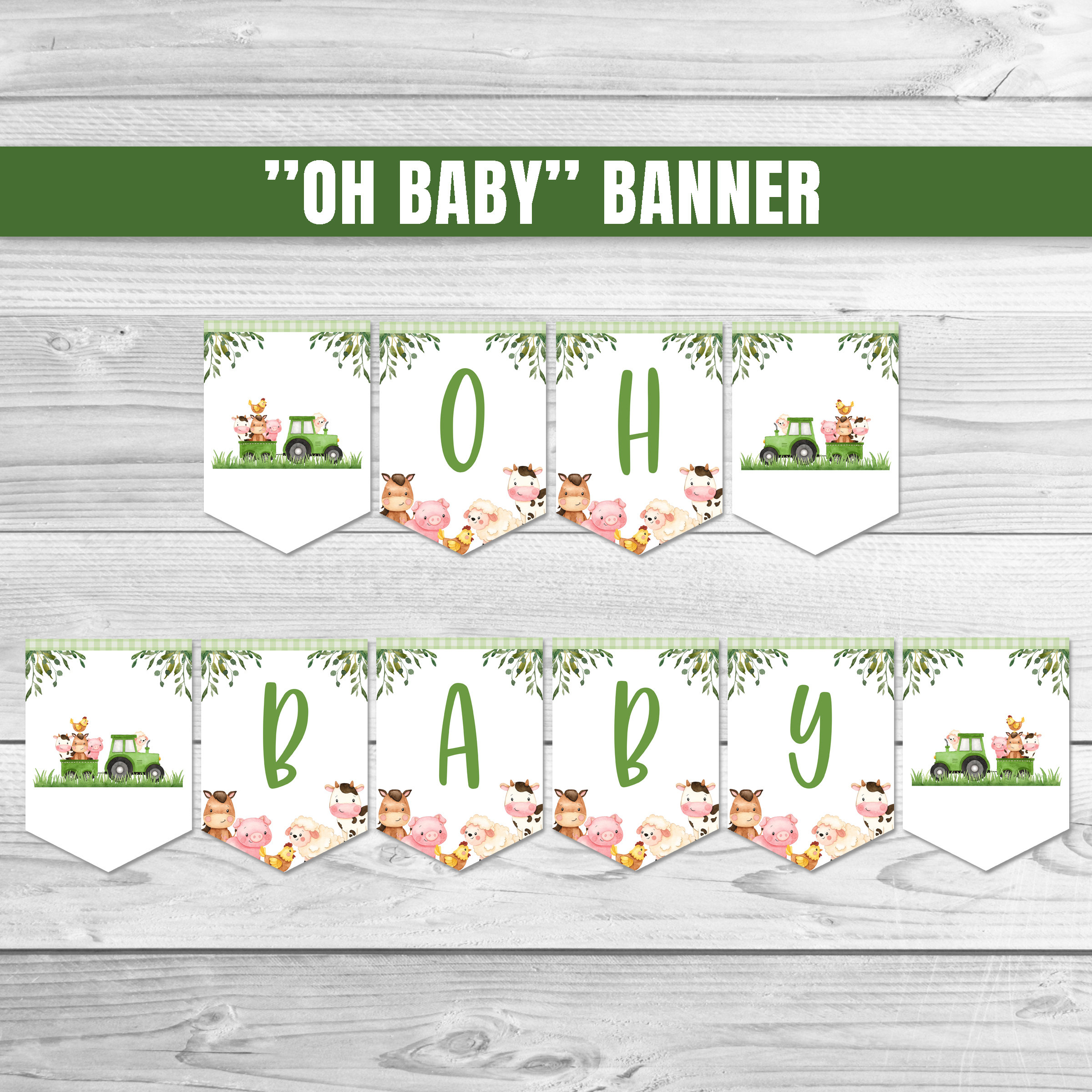 Green Tractor Oh Baby Banner Farm Animals Baby Shower Banner Green Farm Baby Shower Decoration Farm Animal Garland Farm